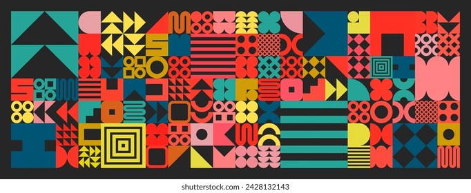 Geometric texture with simple shapes, symbols. Colorful primitive elements and forms. Retro design, trendy contemporary minimalist style. Vector illustration