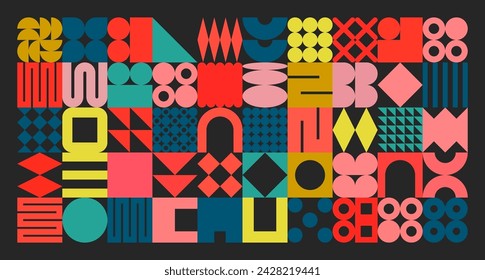 Textura geométrica con formas simples, símbolos. Coloridos elementos y formas primitivas. Diseño retro, estilo contemporáneo minimalista de moda. Ilustración de vector