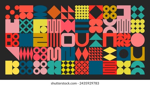 Geometrische Textur mit einfachen Formen, Symbolen. Bunte primitive Elemente und Formen. Retro-Design, trendiger zeitgenössischer minimalistischer Stil. Vektorgrafik