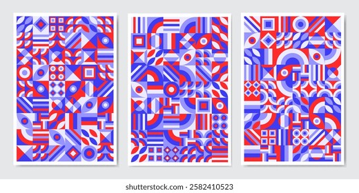 Geometric texture with simple shapes, symbols. Colorful primitive elements and forms. Retro design, trendy contemporary minimalist style. Vector illustration
