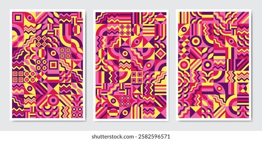 Geometric texture with simple shapes, symbols. Colorful primitive elements and forms. Retro design, trendy contemporary minimalist style. Vector illustration