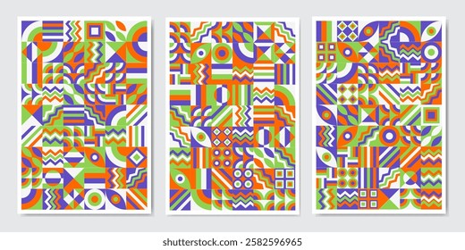 Geometric texture with simple shapes, symbols. Colorful primitive elements and forms. Retro design, trendy contemporary minimalist style. Vector illustration