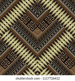 Geometric textured 3d greek vector seamless pattern. Abstract ornate modern background. Geometry shapes, lines, rhombus, greek key, meander gold ornaments. Surface texture. Decorative beautiful design