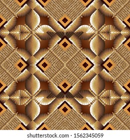 Geometric textured 3d vector seamless pattern. Tribal ethnic floral  background. Repeat grunge abstract backdrop. Surface grungy rough geometry ornaments with rhombus, frames, stripes, shapes, flowers