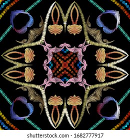 Geometric textured embroidery seamless pattern, Vector abstract shapes tapestry background. Colorful repeat grunge backdrop. Fancywork tribal ethnic style ornaments design. Modern embroidered texture.