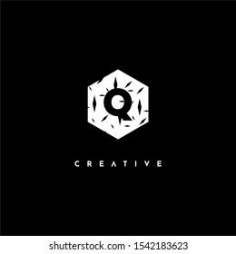 geometric textured hexagonal shape with Q logo letter simple design concept isolated on black background.