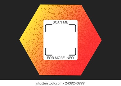 Geometric textured QR code vector element, scan me phone label template. Qr code sticker mockup, Y2K neon rainbow gradient barcode icon on dark background, vibrant yellow and orange hexagon.