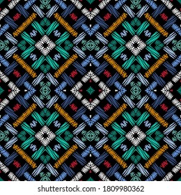 Patrón sin costuras de textura geométrica. Fondo vector de tapicería colorido. Repetir el fondo de color gris. Intrincados ornamentos de estilo étnico tribal. Textura de la moqueta de yeso bordado. Formas abstractas, líneas.