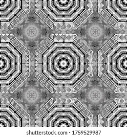 Geometric textured seamless pattern. Greek ornamental vector background. Repeat tribal ethnic backdrop. Abstract modern grunge ornaments. Geometry shapes, hexagon, mandalas, rhombus, frames, meanders.