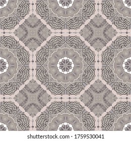 Geometric textured seamless pattern. Greek ornamental vector background. Repeat tribal ethnic backdrop. Abstract modern grunge ornaments. Geometry shapes, hexagon, mandalas, rhombus, frames, meanders.