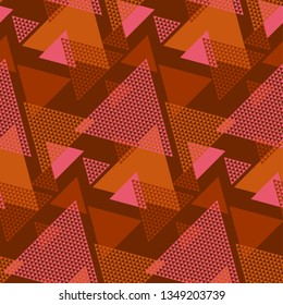 Geometric textured triangle minimal seamless pattern. Clay brown geometry shapes repeat motif. Simple terra-cotta color layerd surface illusion for fabric, background, wrapping paper.