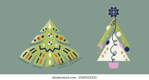 Geometric textured vibrant christmas trees with decorations