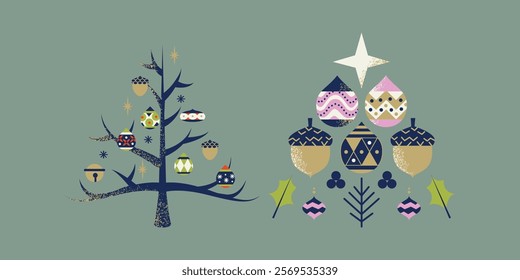 Geometric textured vibrant christmas trees with decorations