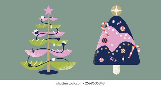 Geometric textured vibrant christmas trees with decorations