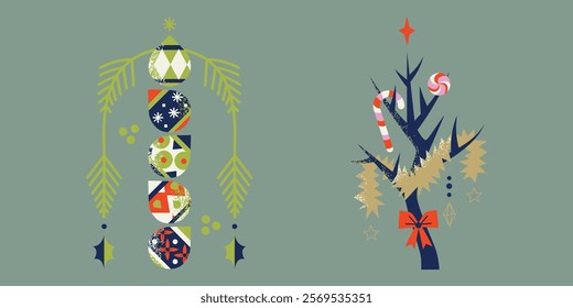 Geometric textured vibrant christmas trees with decorations