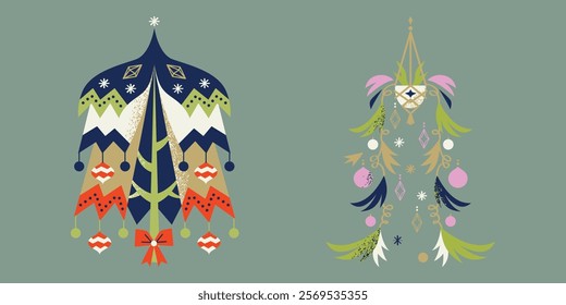 Geometric textured vibrant christmas trees with decorations