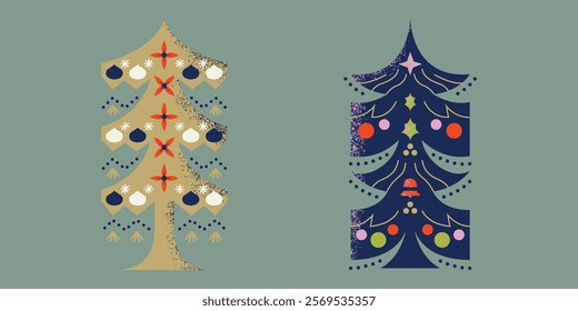 Geometric textured vibrant christmas trees with decorations