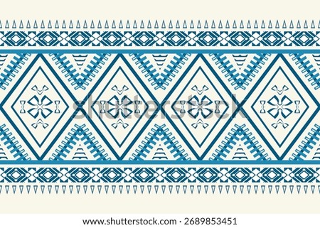 Geometric Thai Khid pattern with blue diamond shapes and ethnic borders. Elegant traditional textile design perfect for fabric, wallpaper, wrapping, and cultural decoration.