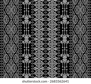 Geometrische und thailändische Muster Stoffkunst, abstrakt, ethnisch, horizontale Pixel-Stil, schwarz-weißer Hintergrund, Design für Textilien, Kleidung, Teppich, Vorhang, Decke, Illustration, Vektor.