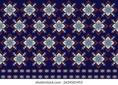 Geometric Thai textile pattern with diamond shapes on dark blue background.