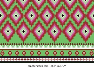 Geometric Thai textile pattern with diamond shapes on a green background.