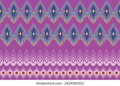 Geometric Thai textile pattern with diamond shapes on a pink background.