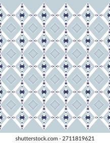   Patrón textil geométrico de inspiración tailandesa con tonos grises suaves, motivos de diamantes y delicados acentos decorativos. Ideal para diseños culturales, estampados de telas y fondos modernos.