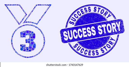 Geometric Third Medal Mosaic Icon And Success Story Seal. Blue Vector Rounded Textured Seal With Success Story Caption. Abstract Mosaic Of Third Medal Combined Of Sphere, Triangles,