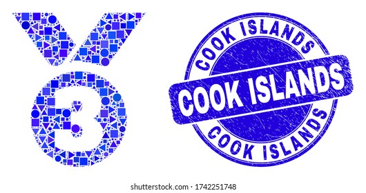 Geometric third place award mosaic pictogram and Cook Islands stamp. Blue vector rounded grunge stamp with Cook Islands message. Abstract mosaic of third place award done of sphere, tringle,