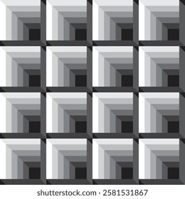 Geometric three-dimensional deep squares grayscale vector seamless pattern or texture.