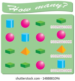 Geometric three-dimensional figures. Logical task. Count and mark the number of objects in each quad. Vector illustration