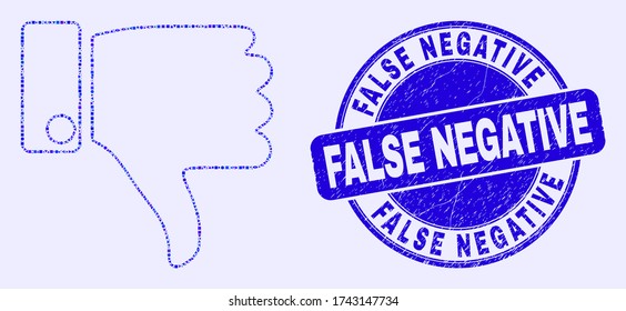 Geometric thumb down mosaic icon and False Negative stamp. Blue vector round grunge stamp with False Negative message. Abstract mosaic of thumb down made of round, triangles,