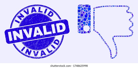 Geometrisches Mosaiksymbol und ungültiger Siegel-Stempel. Blauer Vektor rund grunge Siegel mit Ungültiger Bildunterschrift. Abstraktes Mosaik aus Daumen nach unten, aus runden, dreieckigen, quadratischen geometrischen Elementen.