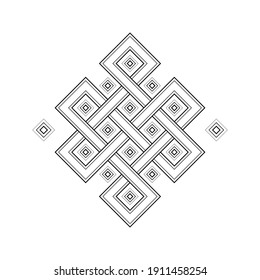 Geometric tibetan endless knot. Sacred geometry and folk style. Black and white graphic stencil, vector.