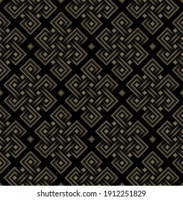 Geometrisches tibetisches nahtloses Muster aus endlosem Knoten. Orientalisch-heilige Geometrie und asiatischer Volksstil. Goldenes 3D-Symbol auf dunklem Hintergrund, Vektorgrafik.