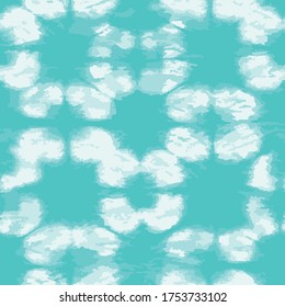 Geometric tie dye grunge texture seamless vector pattern. Hand drawn shibori print. Aqua green textured Japanese background. Modern batik wallpaper tile. Watercolor endless backdrop for fabric