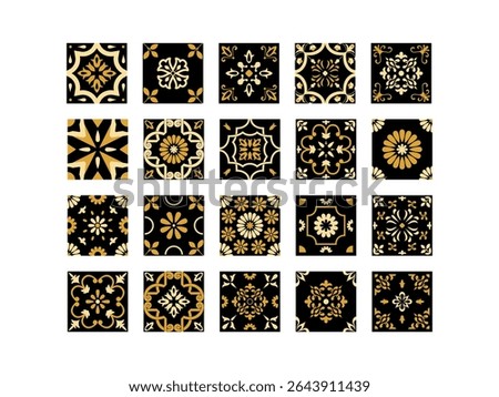 Geometric Tile Logo Set, Black and Gold Beige Traditional Mediterranean Mosaic Floral Square Icons with Ornate Flower, Portuguese Azulejo Ceramic Spanish or Mexican Talavera Ornaments