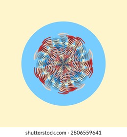 Geometric tile mandala in happy bold marina tones with crimson, coral red, sky blue, vibrant blue, soft terracotta, peach, vanilla, baby blue