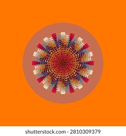 Geometric tile mandala in marigold, deep orange, ruby red, royal purple, terracotta, ochre, linen, cool grey with rainbow dark sunset palette