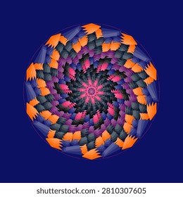 Geometric tile mandala in pure black, night watcher, storm blue, electric orange, eerie sunset, bloody pink, void purple, abyssal blue with halloween pumpkin void palette