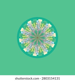 Geometric tile mandala in soft terracotta, peach, vanilla, baby blue, jade, sea green, lime green, bright chartreuse with happy coral breeze palette