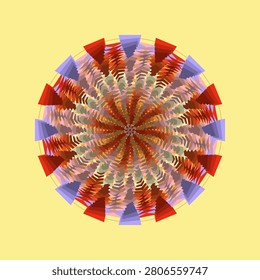 Geometric tile mandala in sunset afterglow dream tones with ivory sun, creamy peach, soft coral, cornflower blue, vermilion, rust orange, yellow orange, cream light
