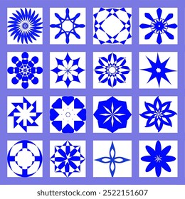 Geometric tile pattern. Collection of Squares with geometric ornaments. Navy Blue tile.