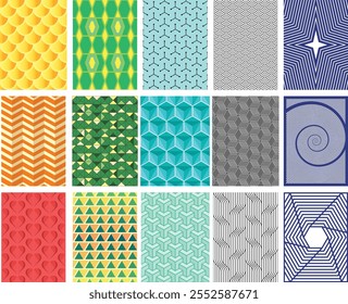 Colección geométrica del patrón del azulejo: Fondos de Vector texturizados versátiles con diseños repetitivos modernos y coloridos. Ideal para tarjetas, pósters, Anuncios, portadas y branding para añadir un toque divertido y dinámico