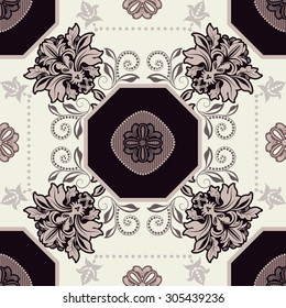 Geometric tile pattern. Floral seamless wallpaper chocolate color