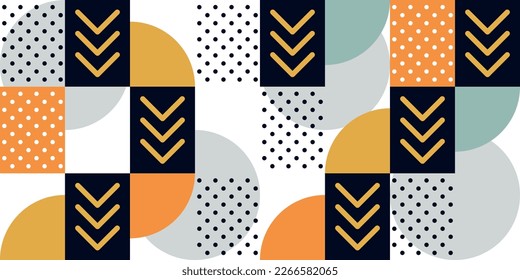 Baldosa geométrica de puntos de polka y flechas. Cuatrimestral y triple patrón de flecha. Patrón sin inconvenientes para la impresión y el diseño interior. Tapa de puntos Polka, abstracción geométrica.