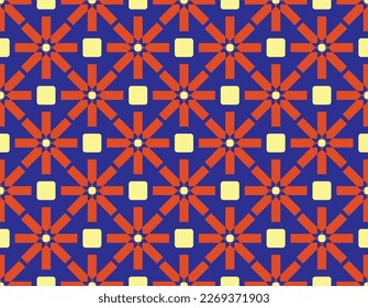 Geometric tile vector flowers, botanical sun, modern elegant shape decorative shapes, flower element, cubism soft colors, indigo, orange seamless pattern designed for decoration and womanswear