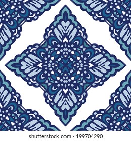 Geometric tiled oriental vector blue  seamless background