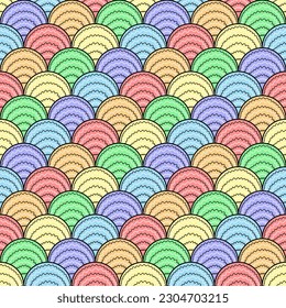 Geometric tiled seamless repetitive curvy waves pattern in rainbow pastel colors. Modern print for fabric, textiles, wrapping paper. Vector illustration