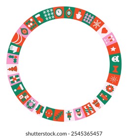 Geometric tiles for Christmas design. Round ornate composition. festive mosaic frame